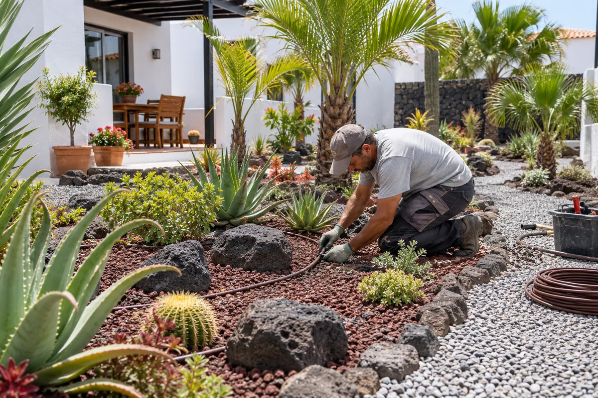 Dry-climate garden being finished with picon stone, succulents and drip-irrigation installation