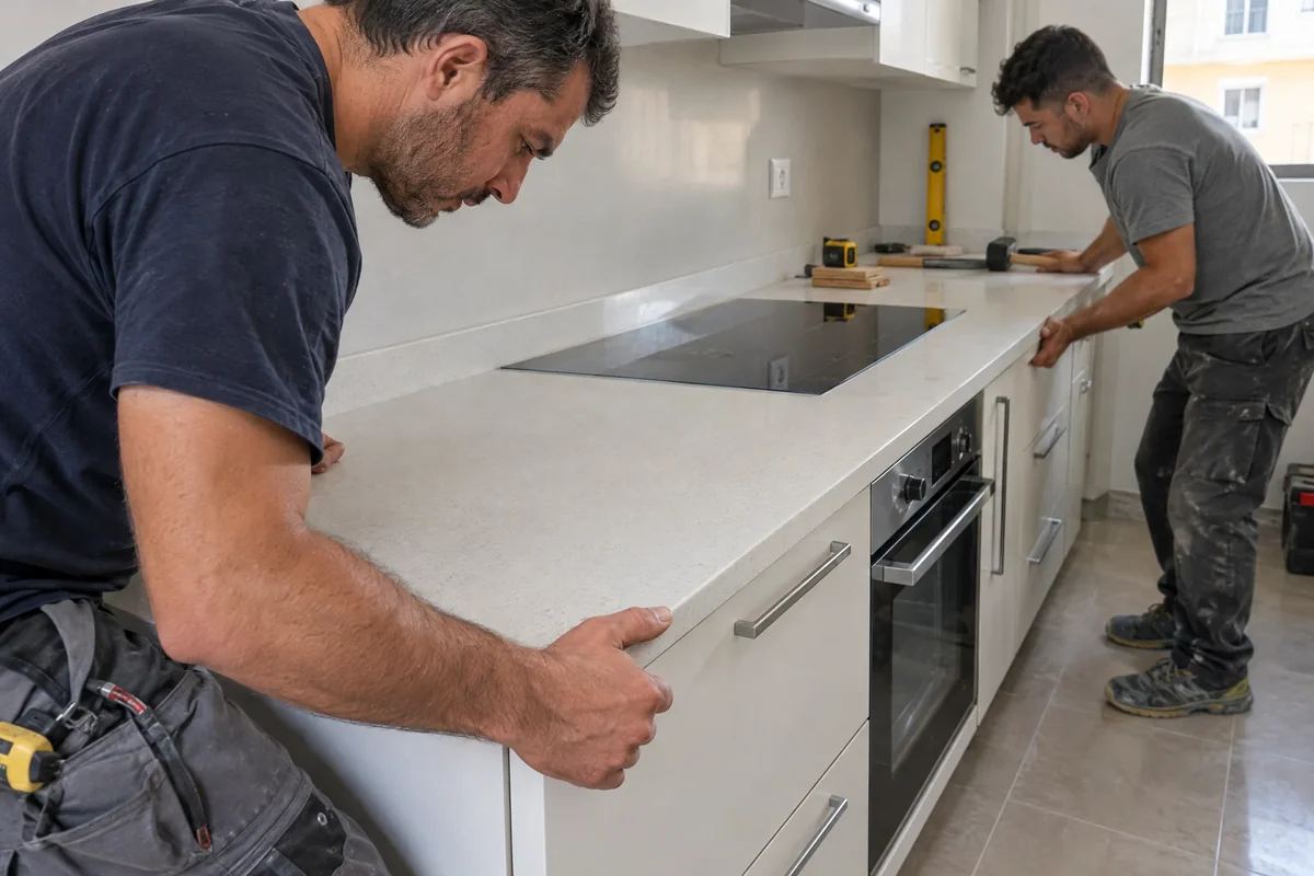 Kitchen cabinets and seamless quartz worktop being installed